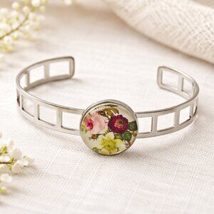 Silver Tone Interchangeable Snap Charm Cuff Bracelet Floral